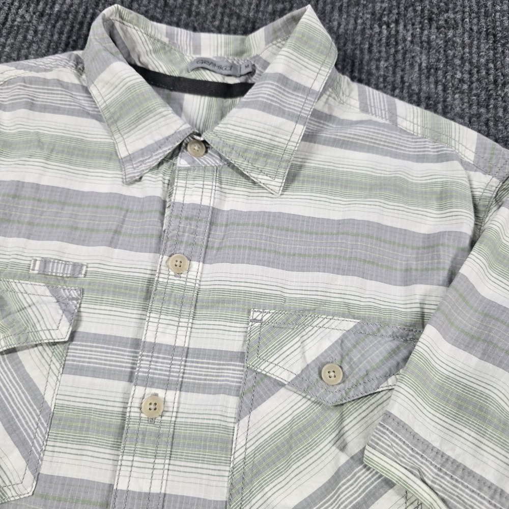 Gramicci Shirt Mens Medium Gray Green Striped Organic Cotton Short Sleeve S18